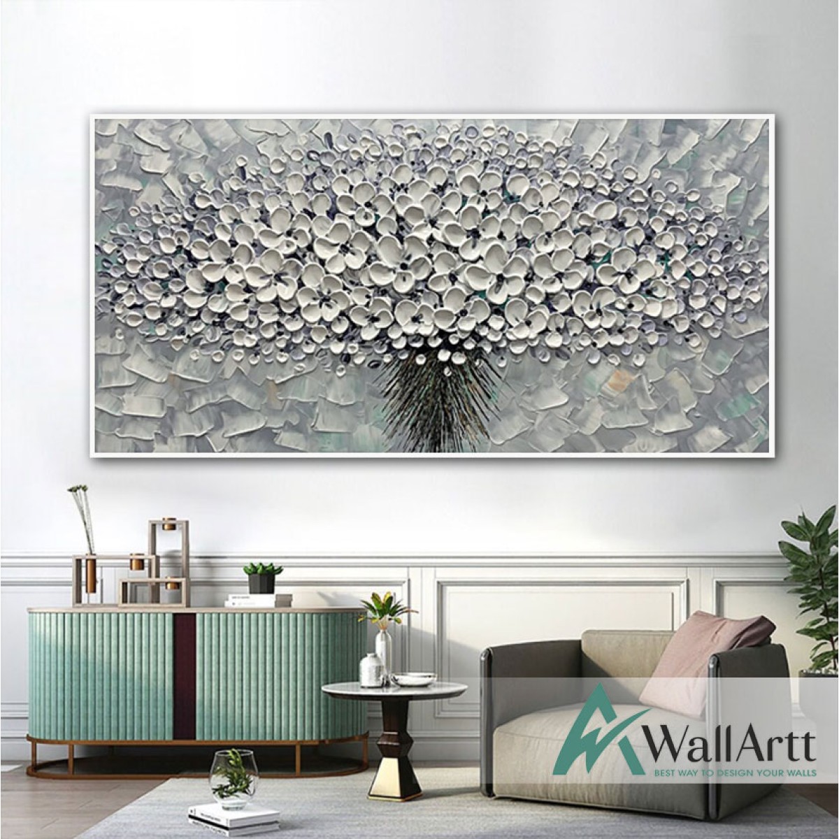 Bunch of White Flowers 3d Heavy Textured Partial Oil Painting