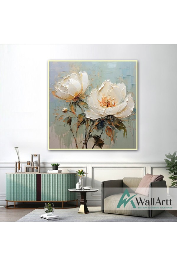 Cream Roses 3d Heavy Textured Partial Oil Painting