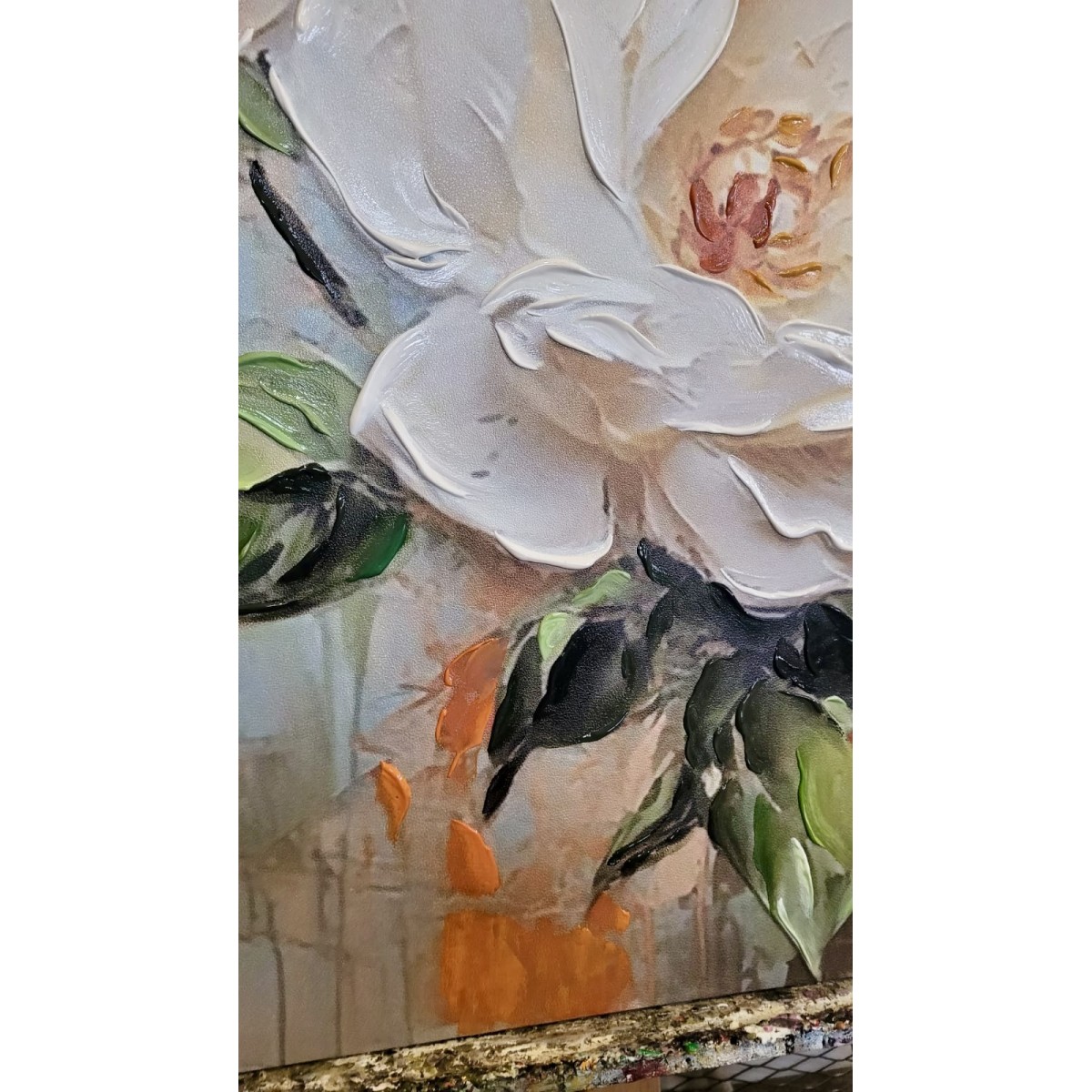 Cream Roses II 3d Heavy Textured Partial Oil Painting