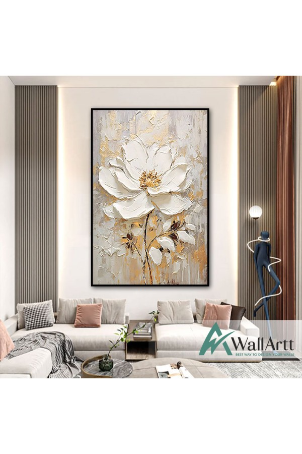 Cream White Flower with Gold 3d Heavy Textured Partial Oil Painting