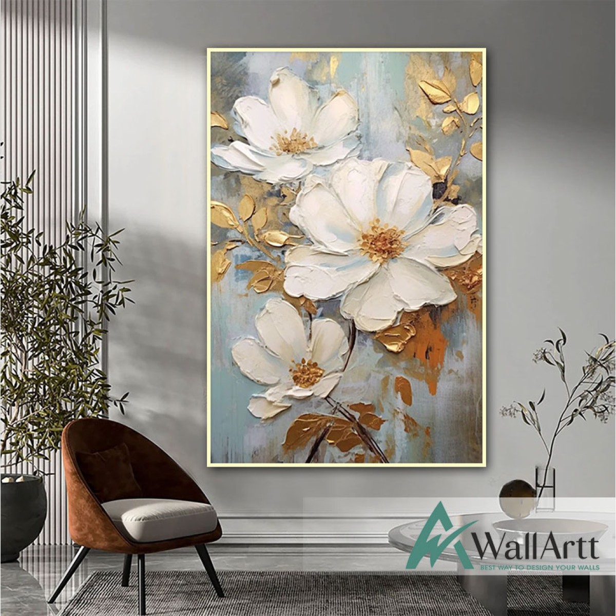 Cream White Flowers with Gold 3d Heavy Textured Partial Oil Painting