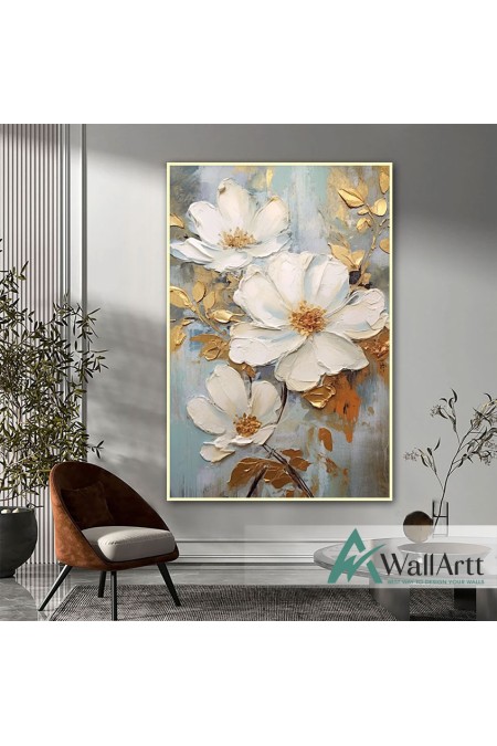 Cream White Flowers with Gold 3d Heavy Textured Partial Oil Painting