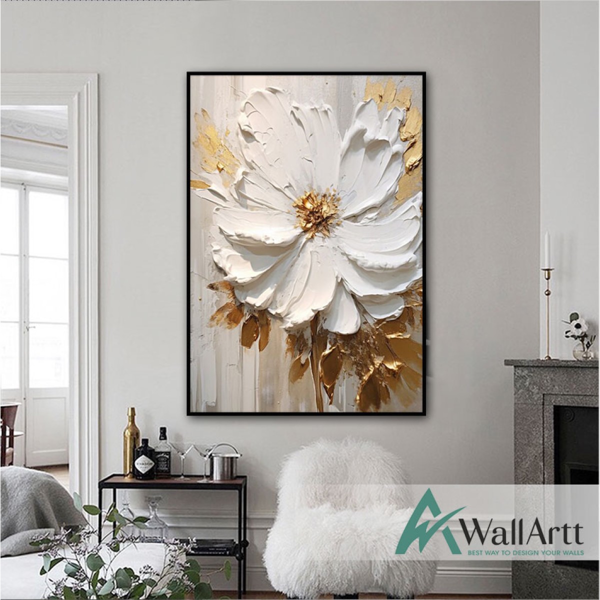 Cream White Flowers with Gold II 3d Heavy Textured Partial Oil Painting