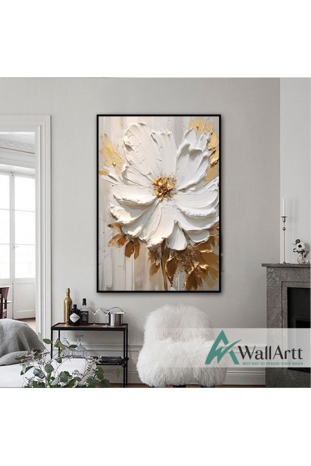 Cream White Flowers with Gold II 3d Heavy Textured Partial Oil Painting