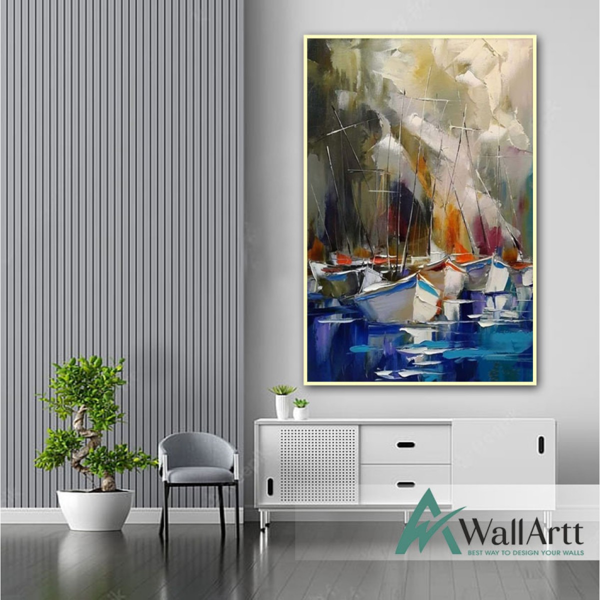 Boats under Storm 3d Heavy Textured Partial Oil Painting
