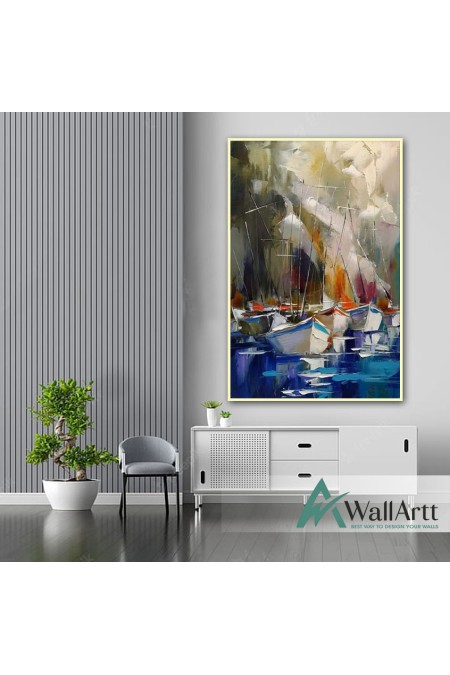 Boats under Storm 3d Heavy Textured Partial Oil Painting