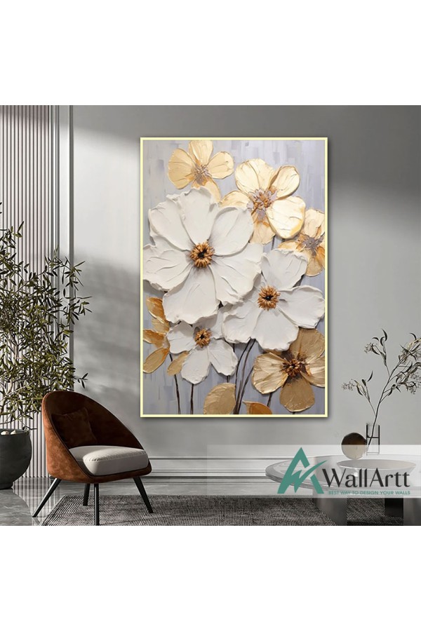 Gold White Flowers 3D Heavy Textured Partial Oil Painting