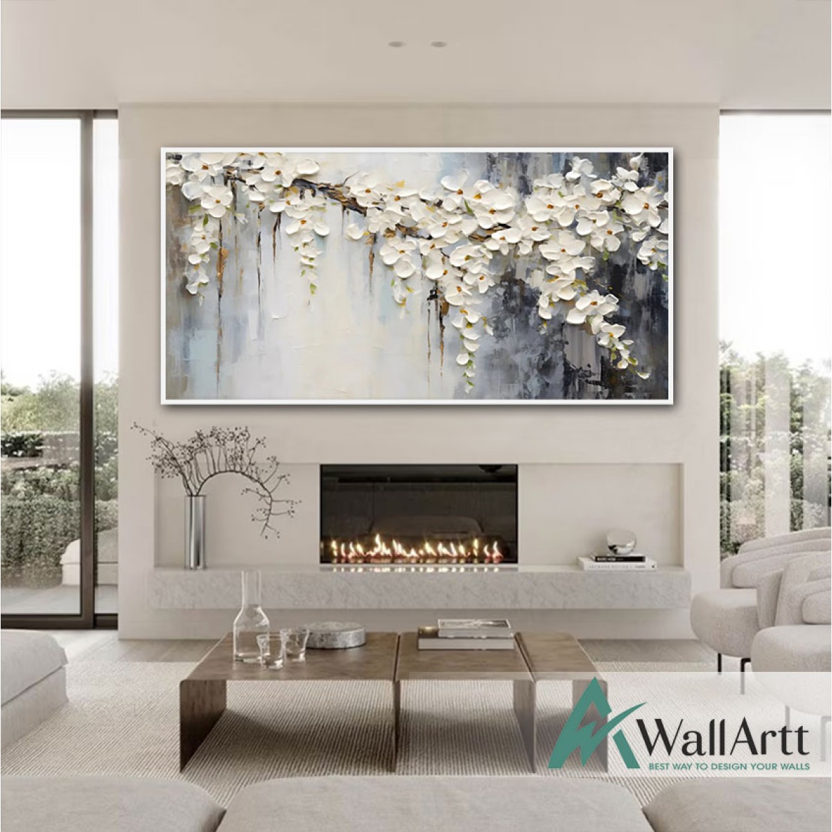 White Flower Branches 3d Heavy Textured Partial Oil Painting