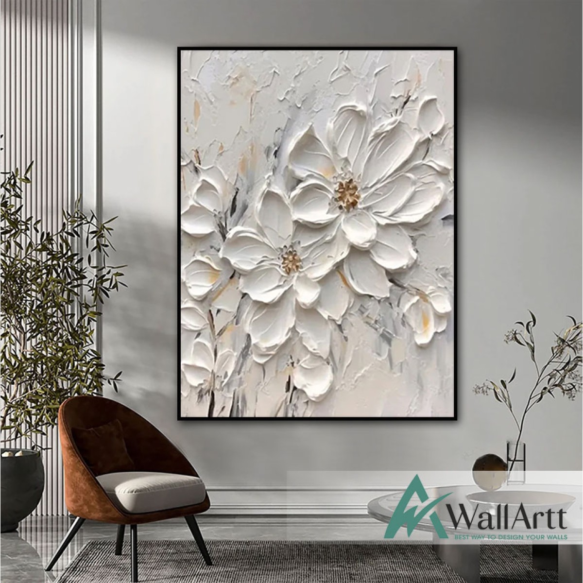 White Flowers 3d Heavy Textured Partial Oil Painting