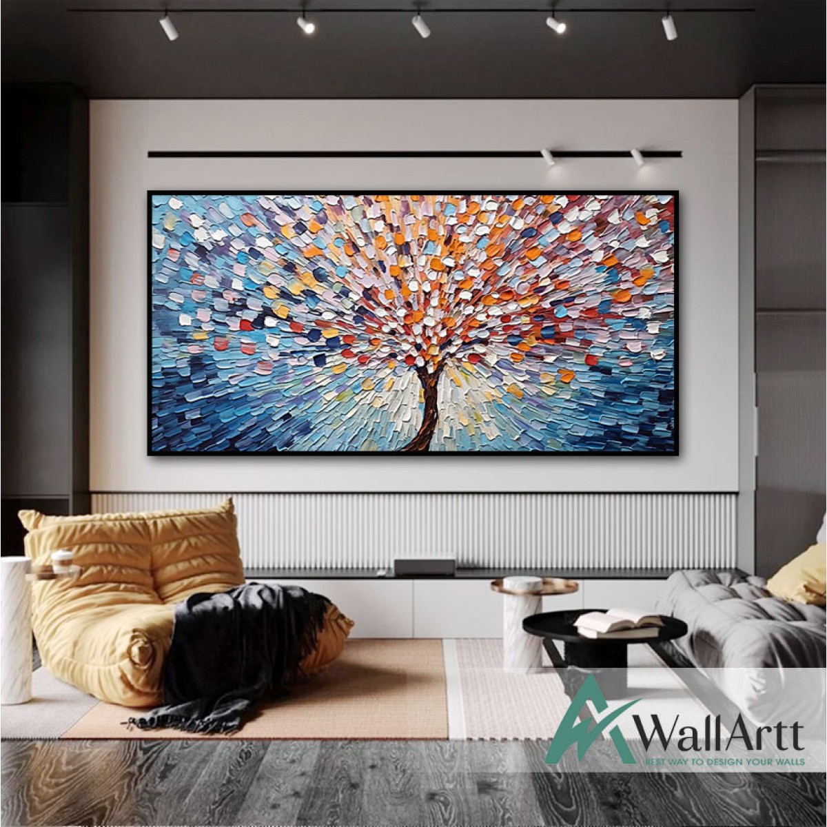 Abstract Orange Blue Tree 3d Heavy Textured Partial Oil Painting