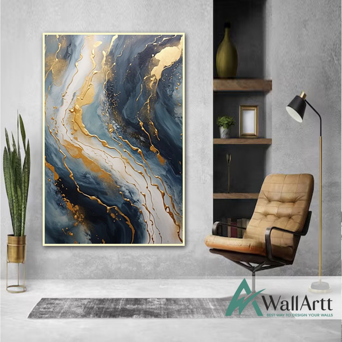Gold Wave on Navy 3D Heavy Textured Partial Oil Painting