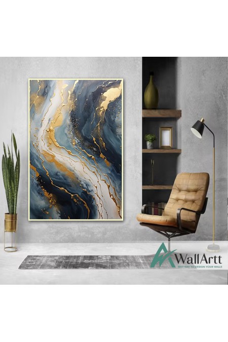 Gold Wave on Navy 3D Heavy Textured Partial Oil Painting