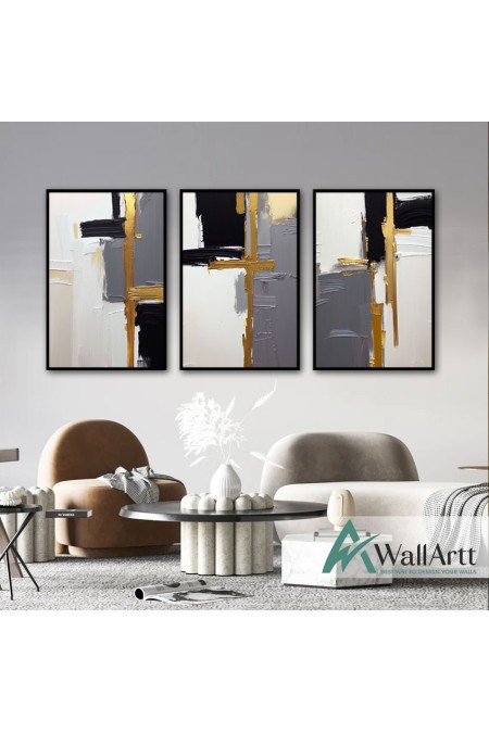 Black Grey with Gold 3 Piece 3d Heavy Textured Partial Oil Painting