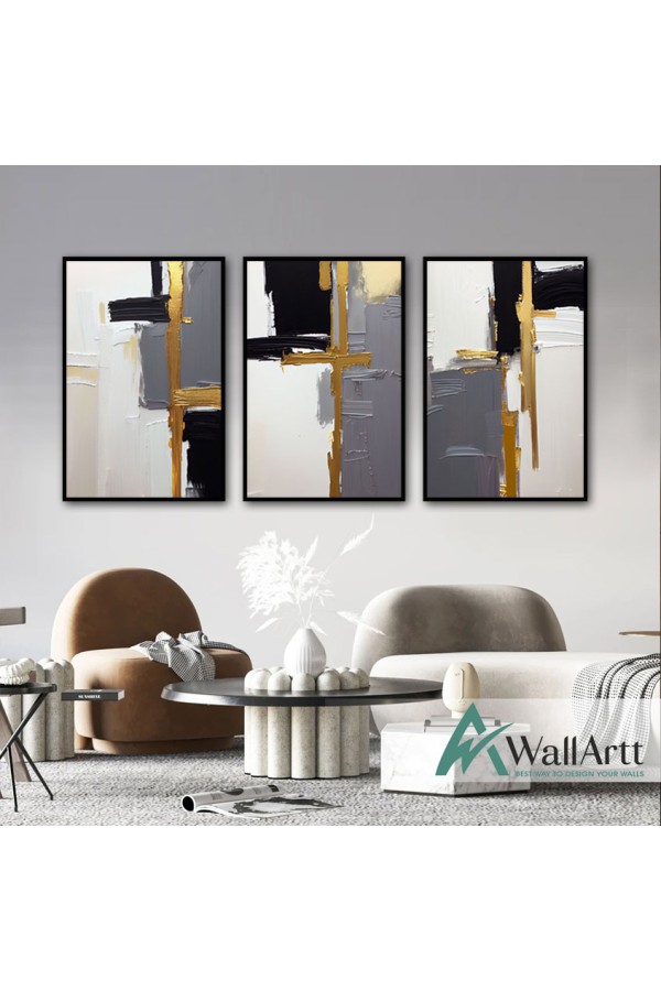 Black Grey with Gold 3 Piece 3d Heavy Textured Partial Oil Painting