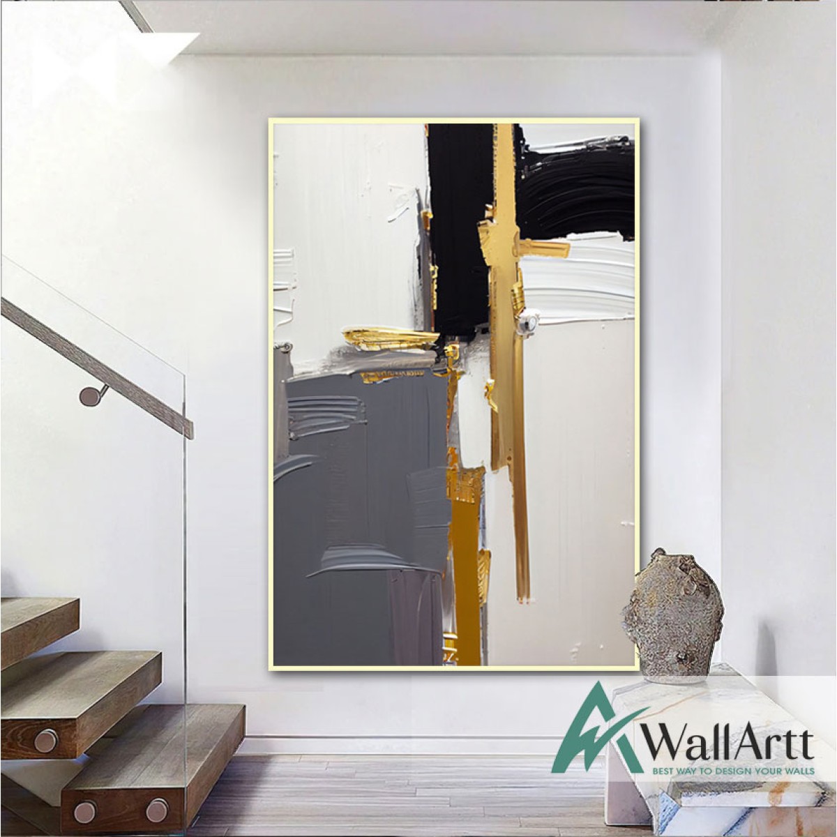 Black Grey with Gold III 3D Heavy Textured Partial Oil Painting