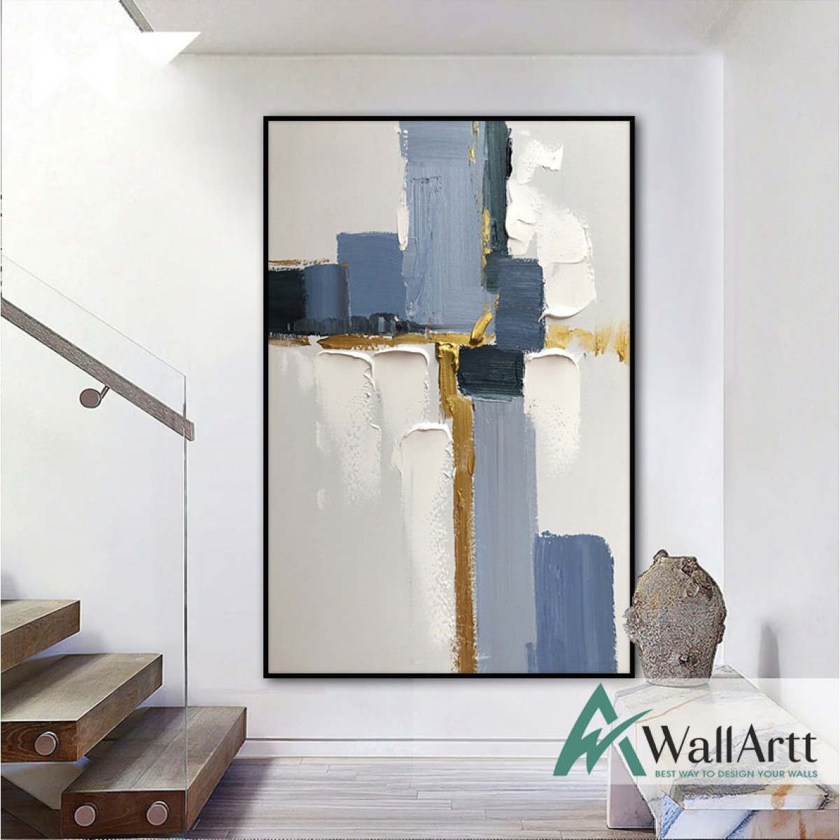 Blue Tones with Gold  3d Heavy Textured Partial Oil Painting