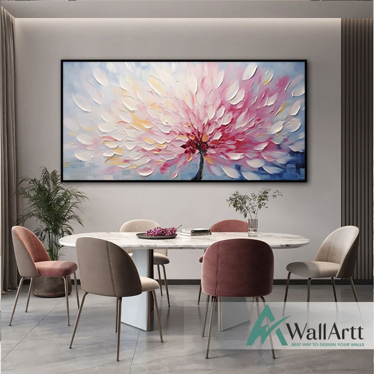 White Pink Leaves 3d Heavy Textured Partial Oil Painting