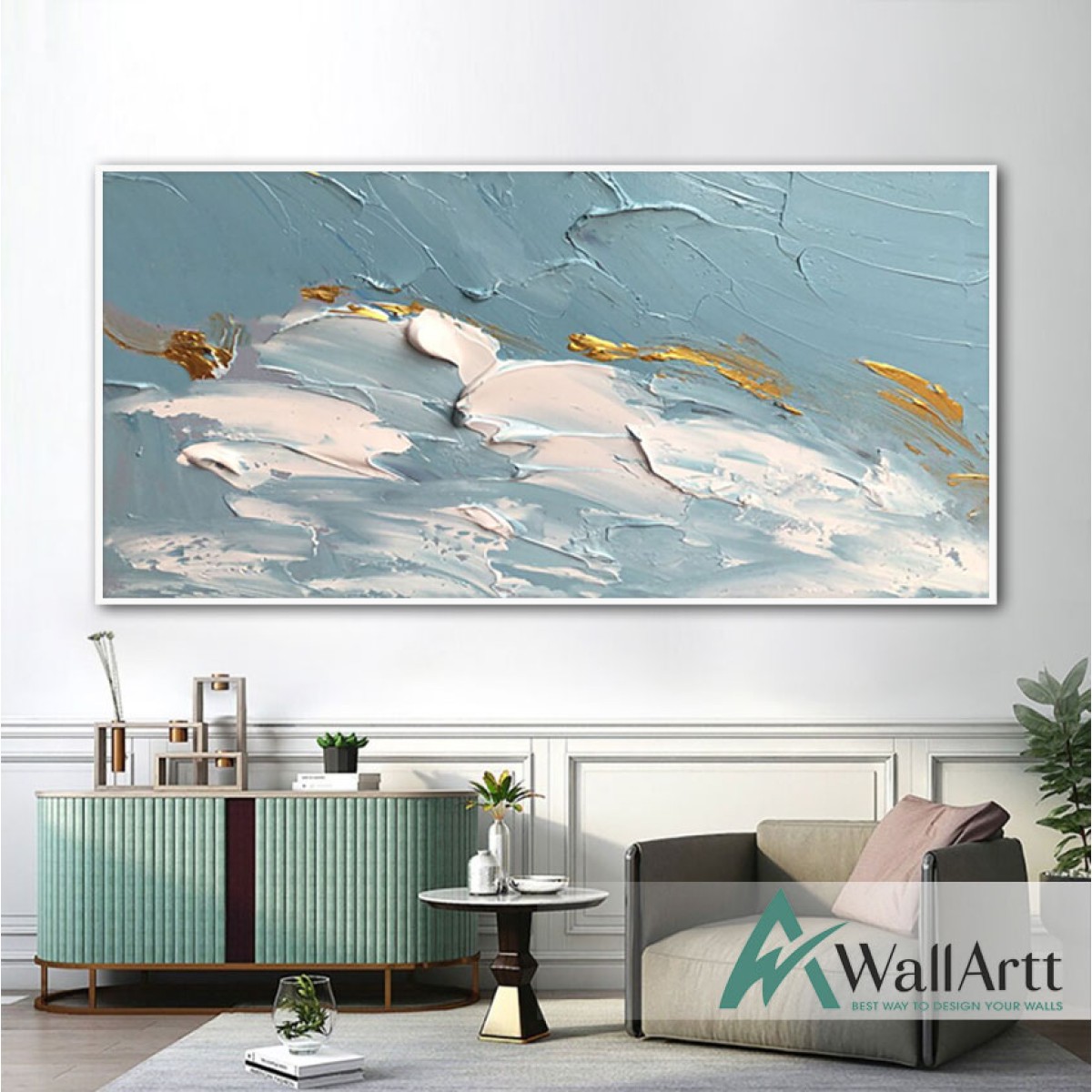 Abstract Baby Blue Gold 3d Heavy Textured Partial oil Painting
