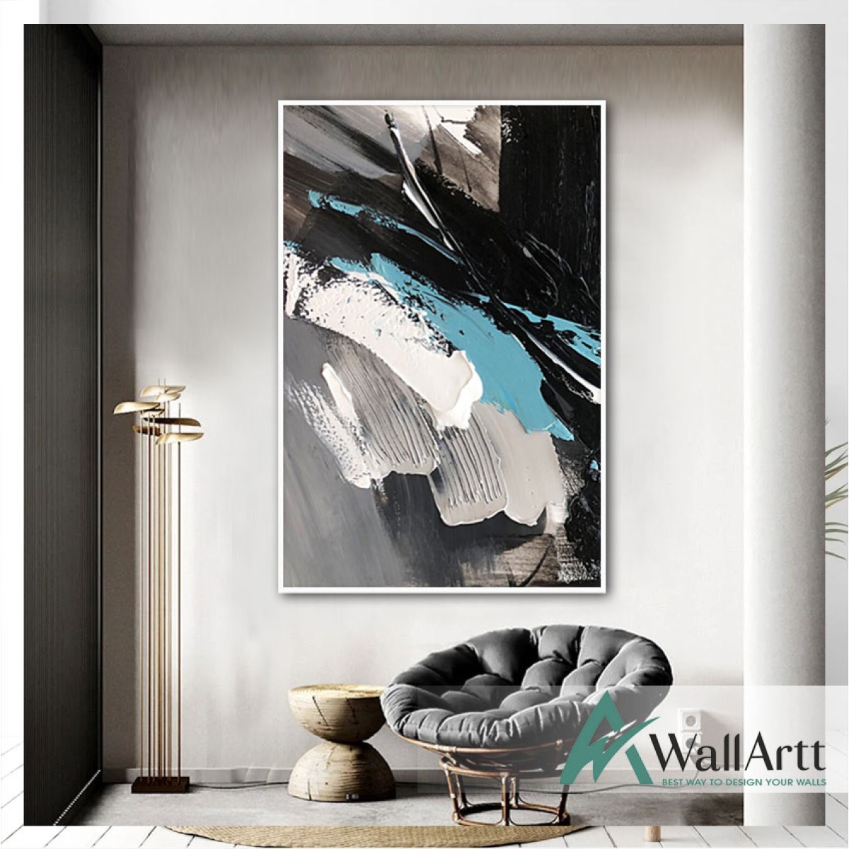 Abstract Black Blue 3D Heavy Textured Partial Oil Painting