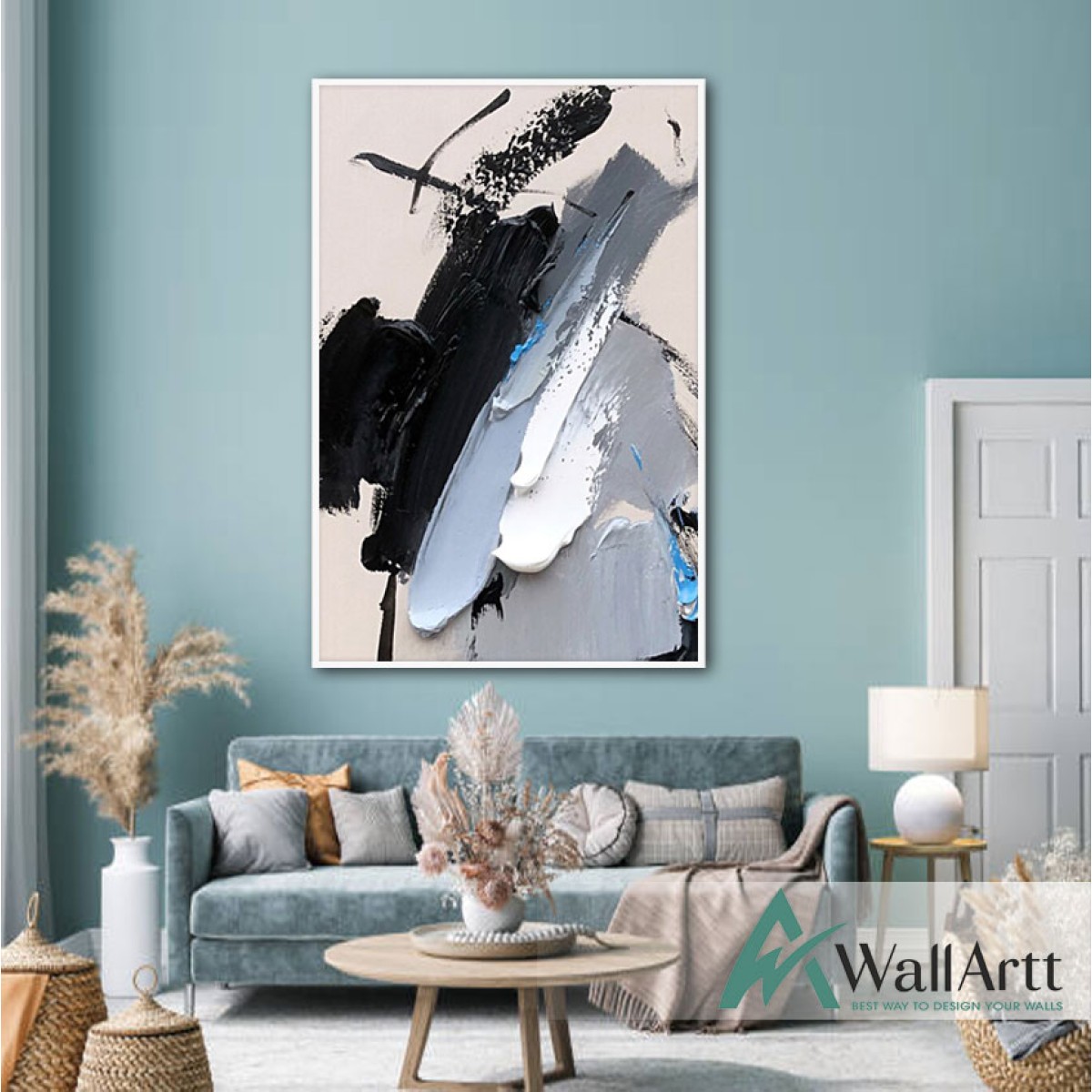 Abstract Blue Grey 3D Heavy Textured Partial Oil Painting