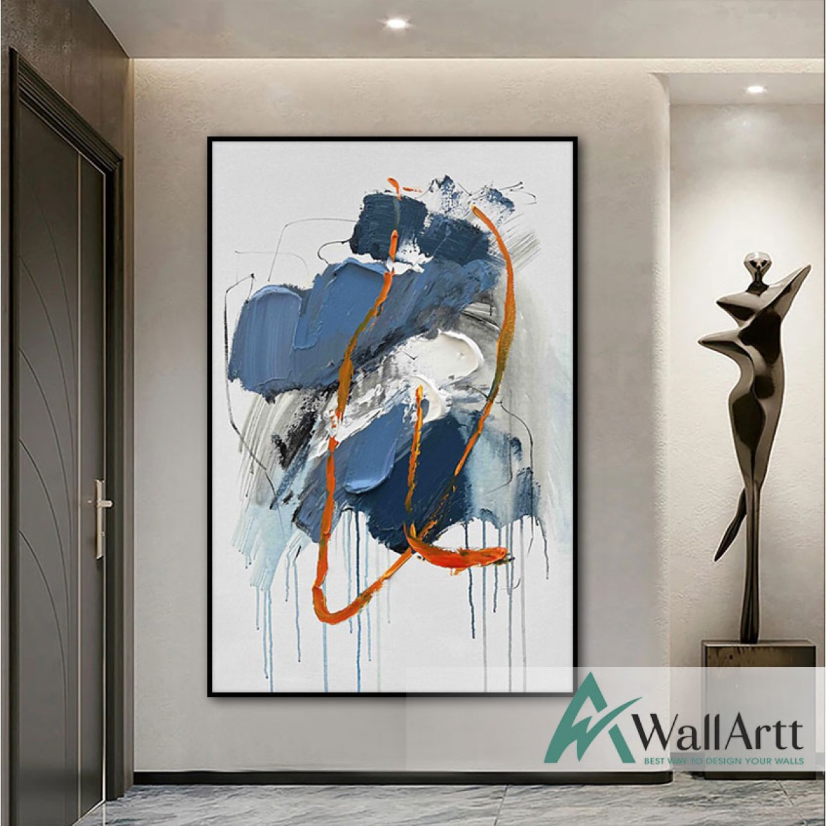 Abstract Blue with Orange 3D Heavy Textured Partial Oil Painting