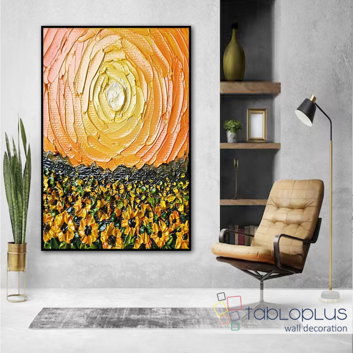 Orange Sun & Sunflowers 3d Heavy Textured Partial Oil Painting