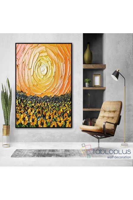 Orange Sun & Sunflowers 3d Heavy Textured Partial Oil Painting