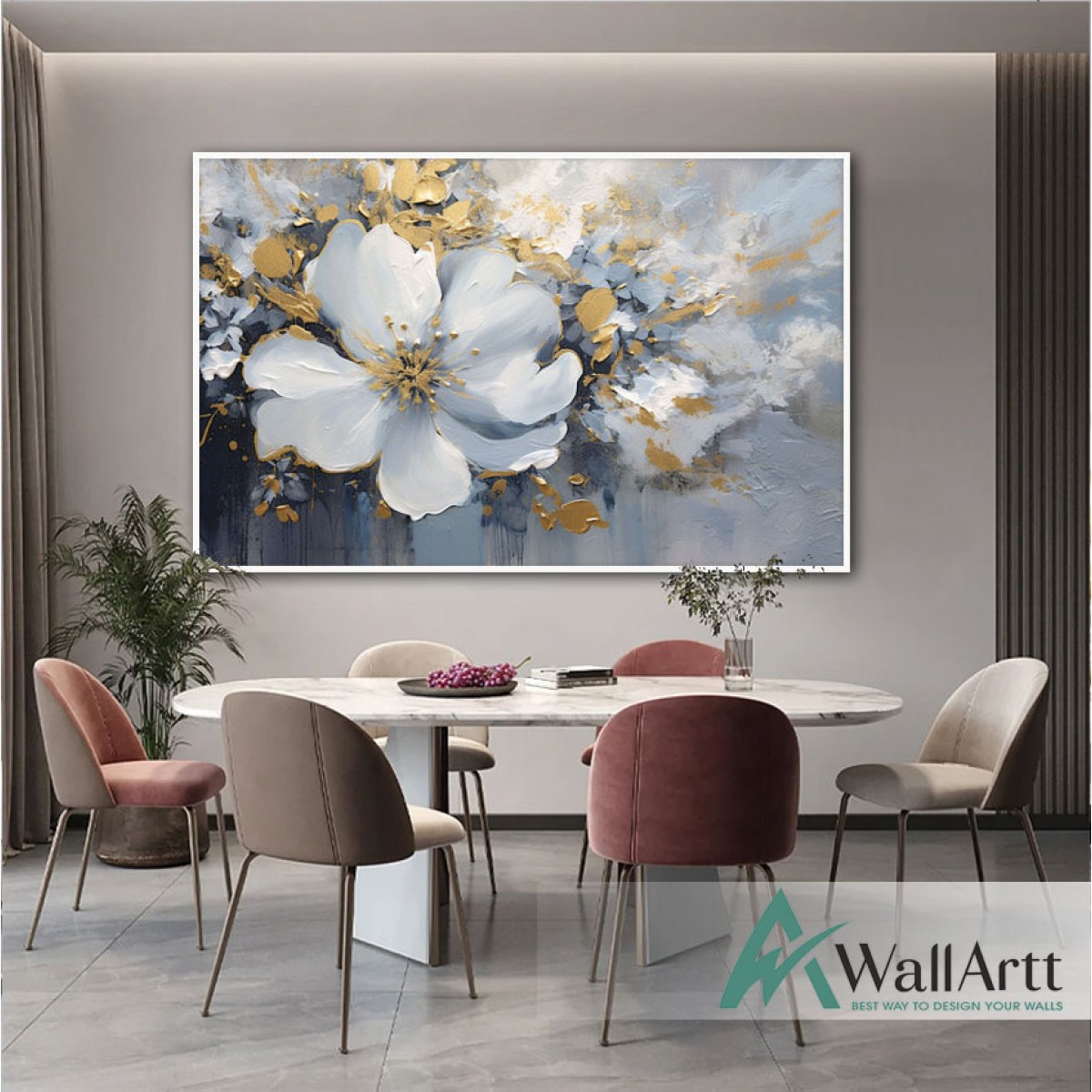 Gold White Flowers II 3d Heavy Textured Partial Oil Painting