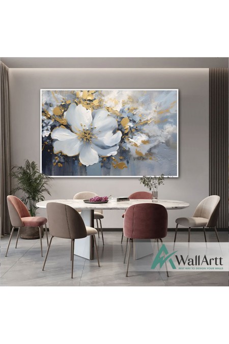 Gold White Flowers II 3d Heavy Textured Partial Oil Painting