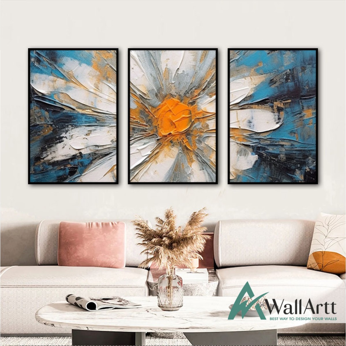 White Orange Daisy 3 Piece 3d Heavy Textured Partial Oil Painting