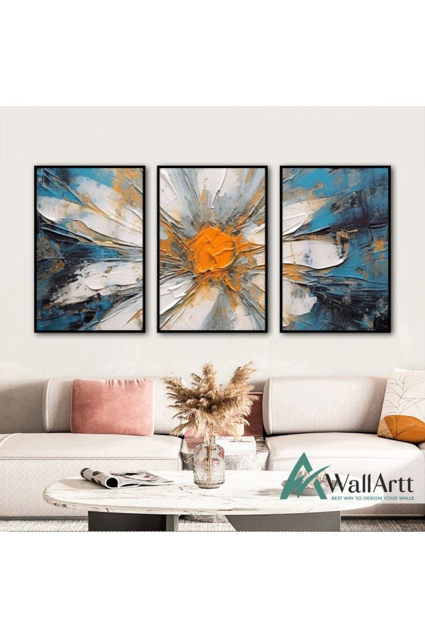 White Orange Daisy 3 Piece 3d Heavy Textured Partial Oil Painting