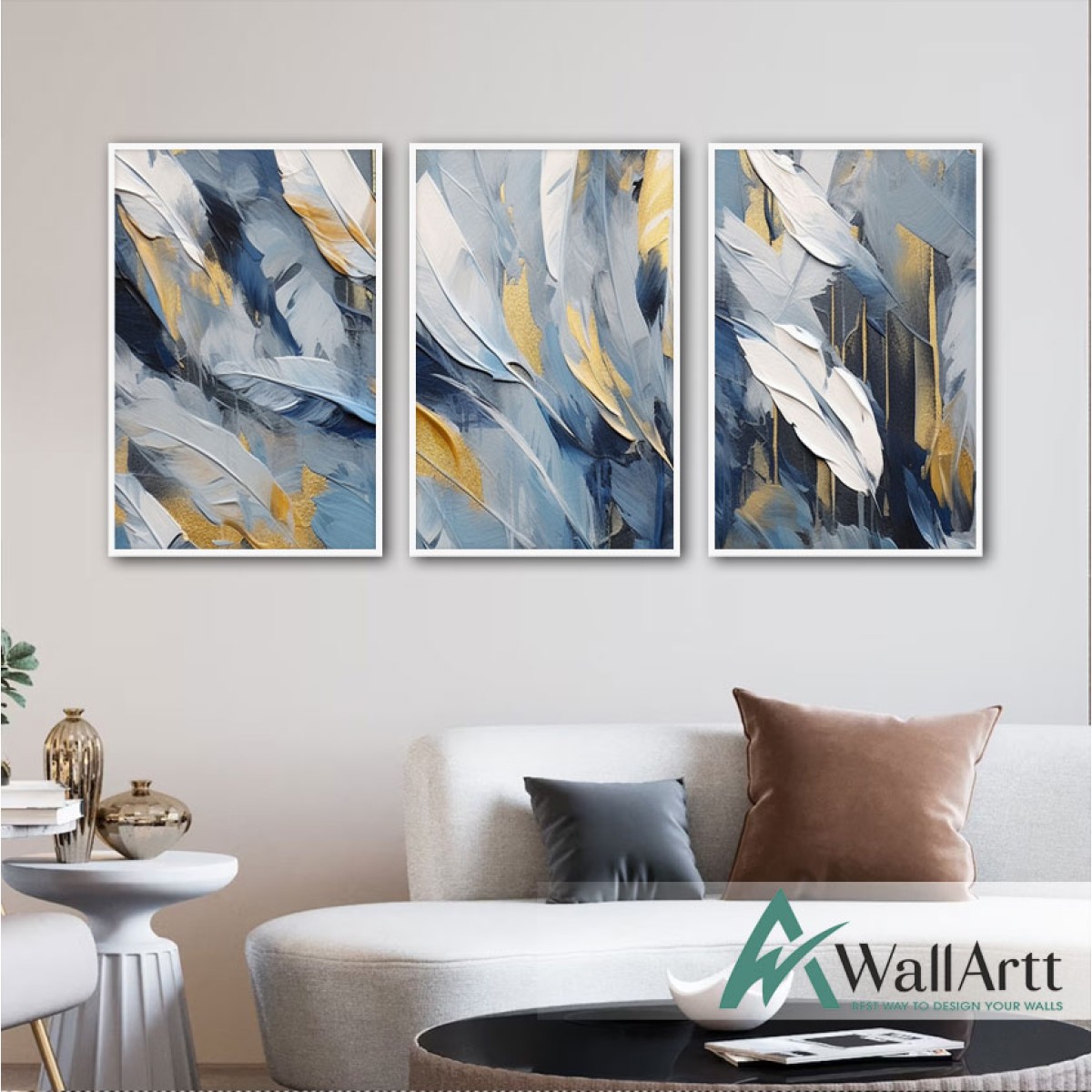 Blue White Feather 3 Piece 3d Heavy Textured Partial Oil Painting