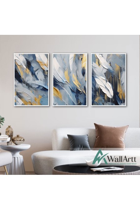 Blue White Feather 3 Piece 3d Heavy Textured Partial Oil Painting