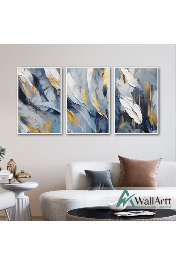 Blue White Feather 3 Piece 3d Heavy Textured Partial Oil Painting