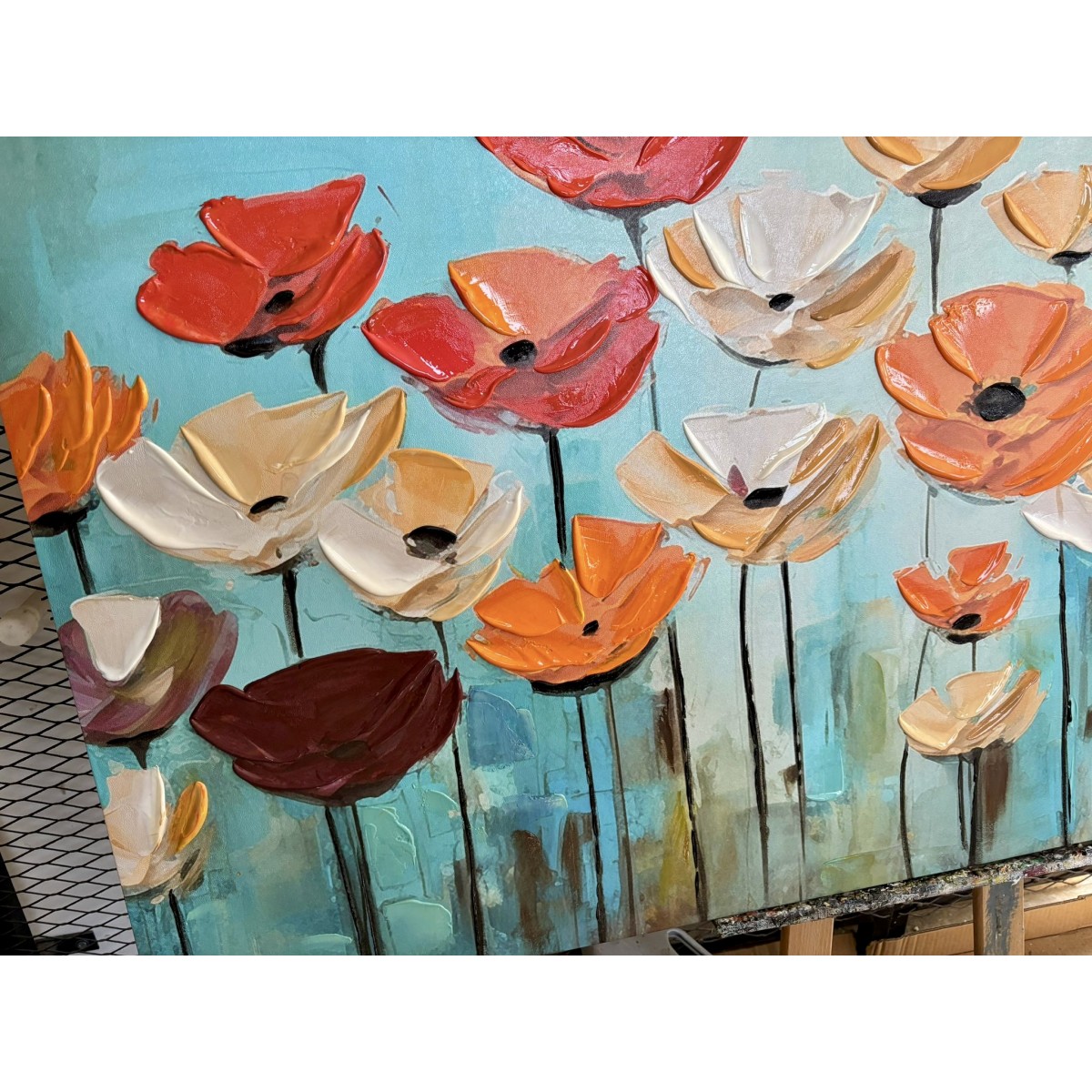 Red Orange Flowers 3d Heavy Textured Partial Oil Painting
