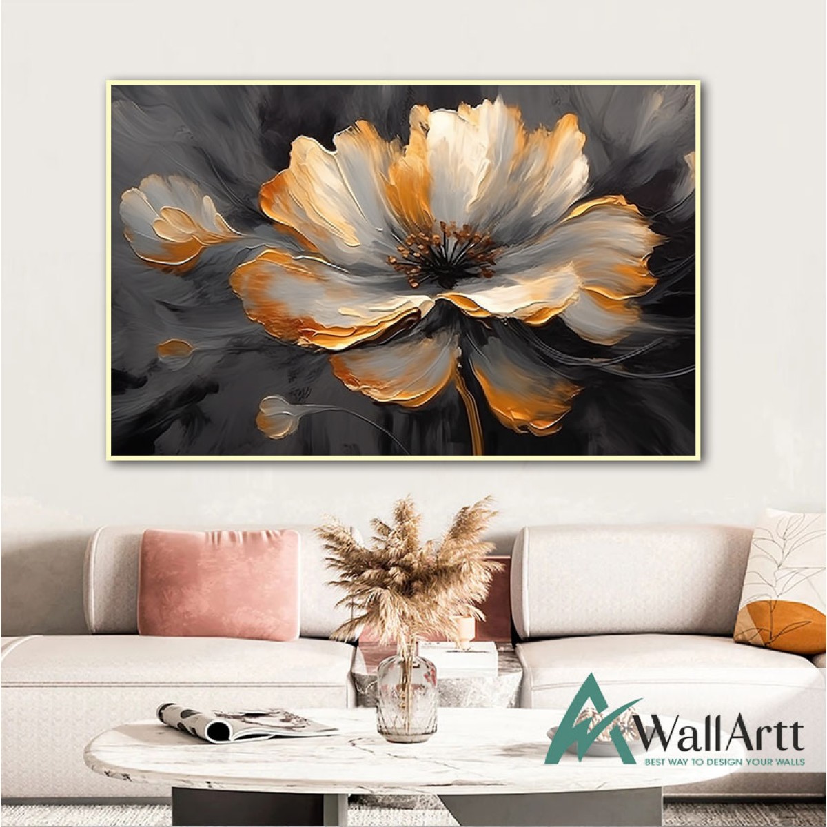 Dark Anthracite Gold Flower 3d Heavy Textured Partial Oil Painting