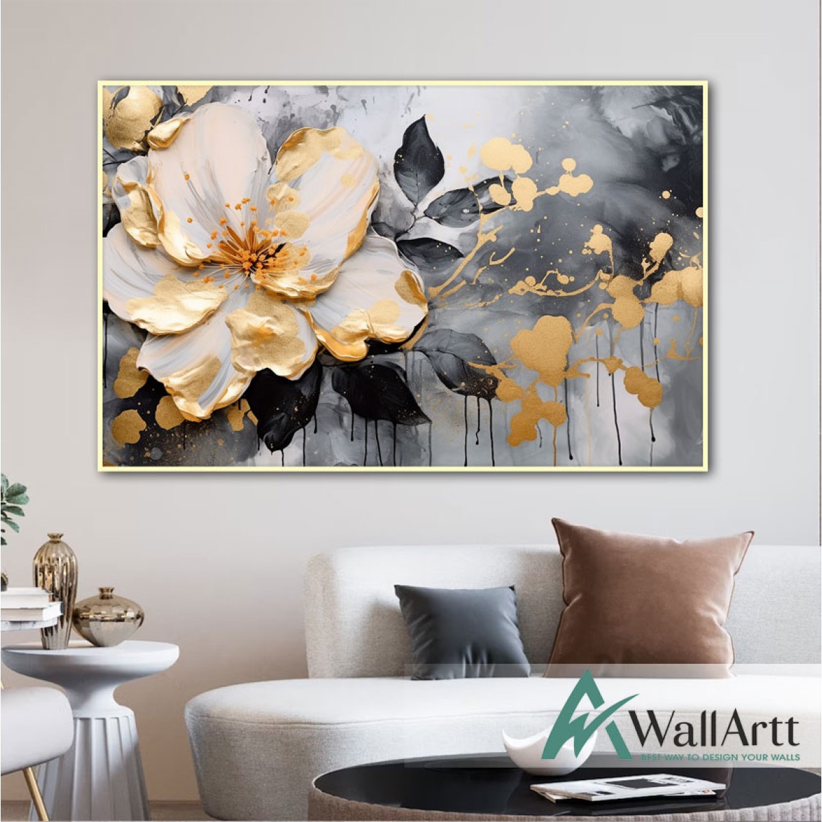 Anthracite Gold Flower 3d Heavy Textured Partial Oil Painting