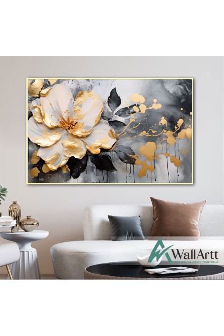 Anthracite Gold Flower 3d Heavy Textured Partial Oil Painting