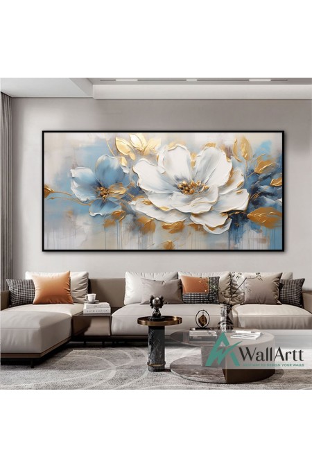 Gold Blue Flower 3d Heavy Textured Partial Oil Painting