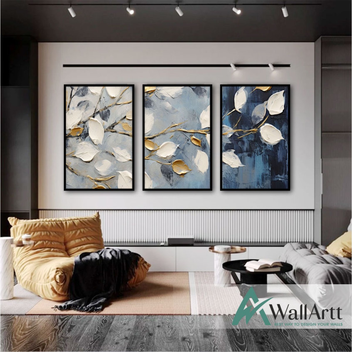 White Gold Leaves 3 Piece 3d Heavy Textured Partial Oil Painting
