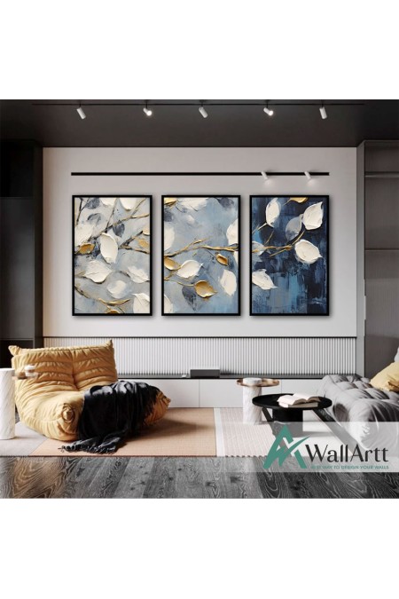 White Gold Leaves 3 Piece 3d Heavy Textured Partial Oil Painting
