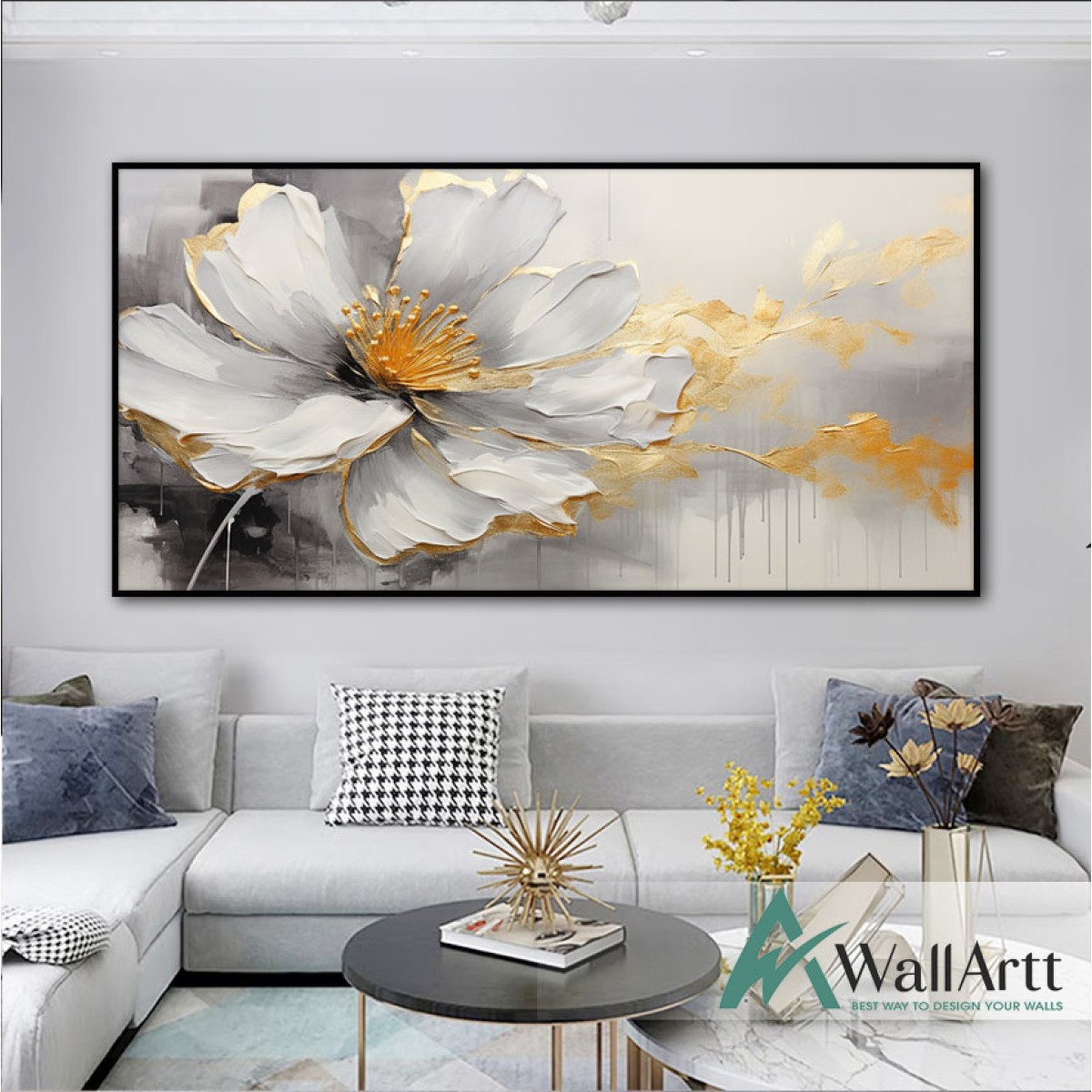 White Gold Flower 3d Heavy Textured Partial Oil Painting