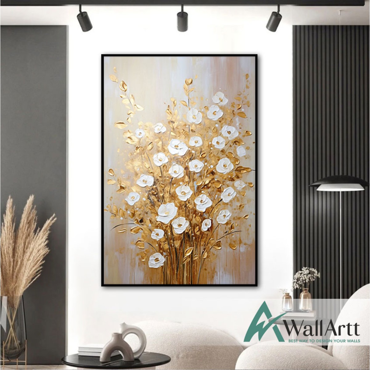 White Flowers with Gold Leaves V 3d Heavy Textured Partial Oil Painting