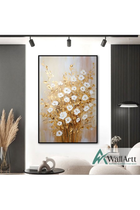 White Flowers with Gold Leaves V 3d Heavy Textured Partial Oil Painting