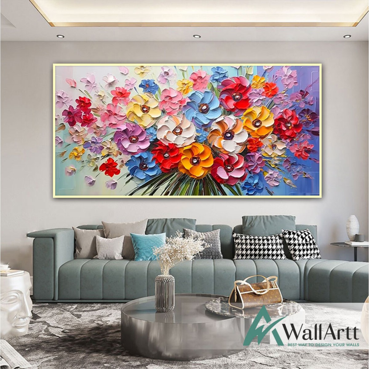 Colorful Flower Bouquet 3d Heavy Textured Partial Oil Painting