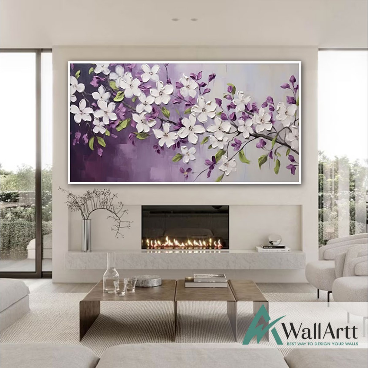 White Flowers n Purple Leaves 3d Heavy Textured Partial Oil Painting