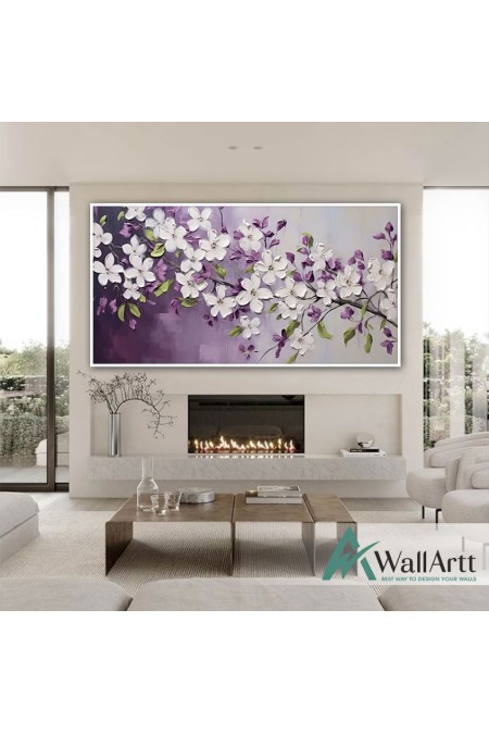 White Flowers n Purple Leaves 3d Heavy Textured Partial Oil Painting