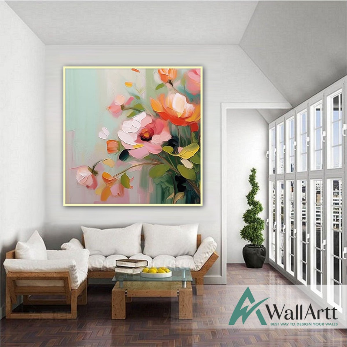 Abstract Orange Pink Flowers 3d Heavy Textured Partial Oil Painting