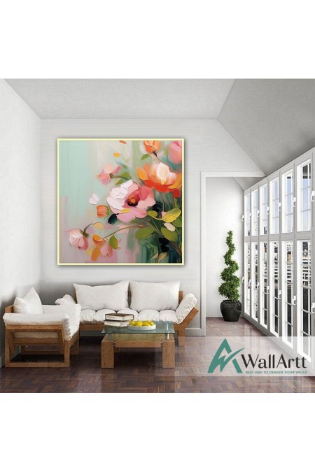 Abstract Orange Pink Flowers 3d Heavy Textured Partial Oil Painting