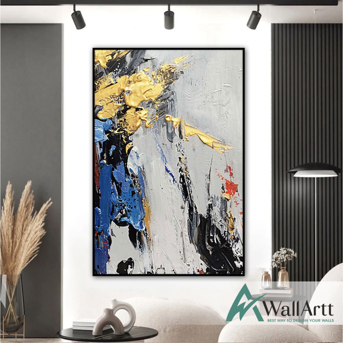 Gold n Blue Abstract 3d Heavy Textured Partial Oil Painting